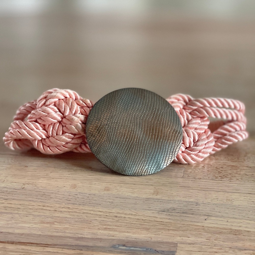 Vintage Pink Satin‎ Rope Belt Knotted Medallion Bronze Snakeskin Texture 25.5in